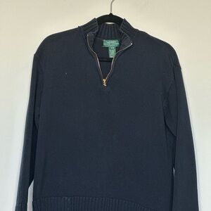 RALPH LAUREN Women Sz Petite M Mock Neck Long Sleeve Quarter Zip Navy Sweater‎